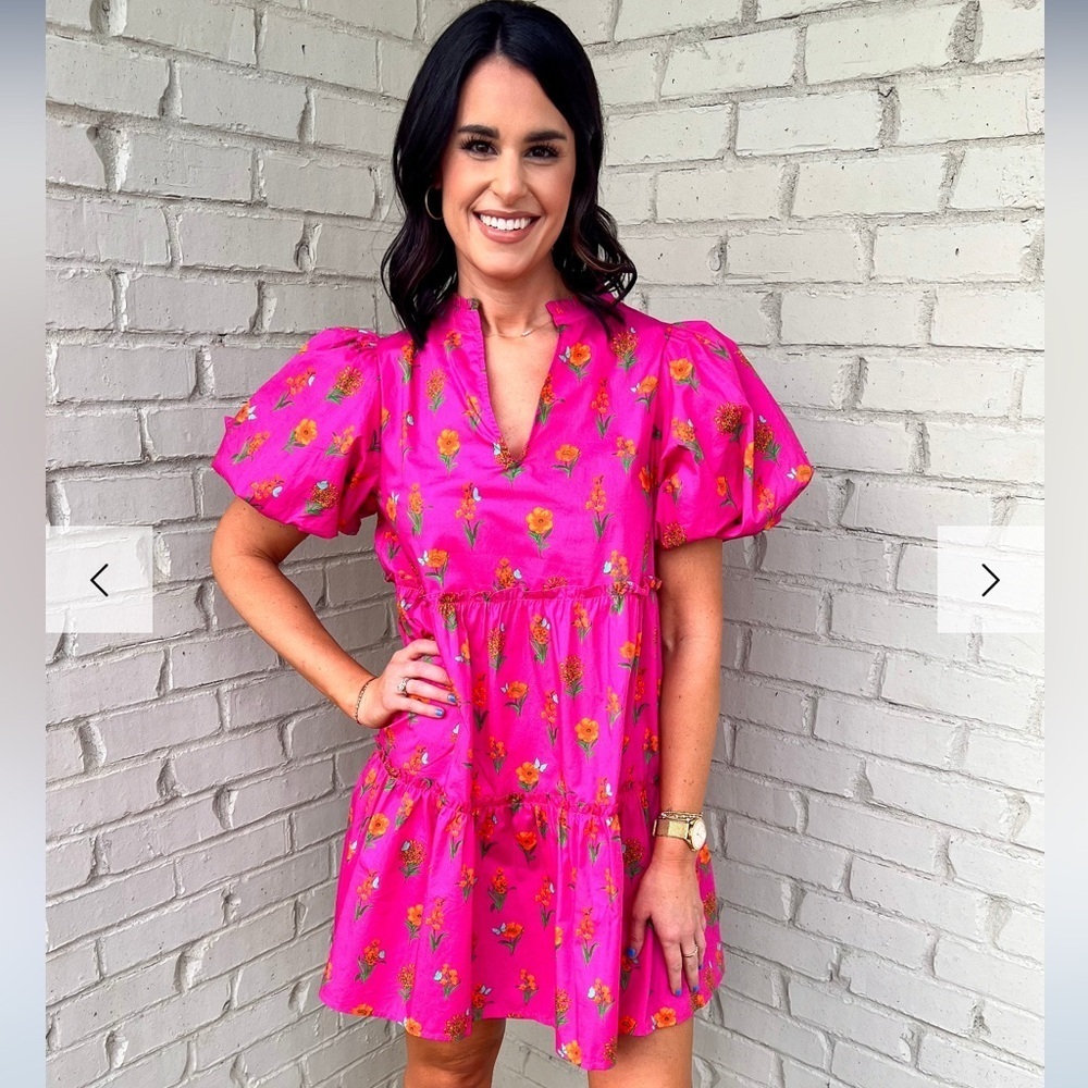 Sugarlips One By One Fuchsia Floral Printed Babydoll Mini Dress Puff Sleeve M